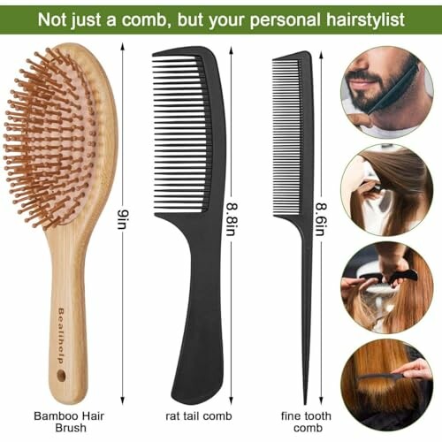 Bamboo hair brush and two combs with hairstyling examples.