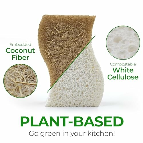 Plant-based kitchen sponge with coconut fiber and white cellulose.