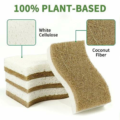 100% plant-based sponges with white cellulose and coconut fiber layers.