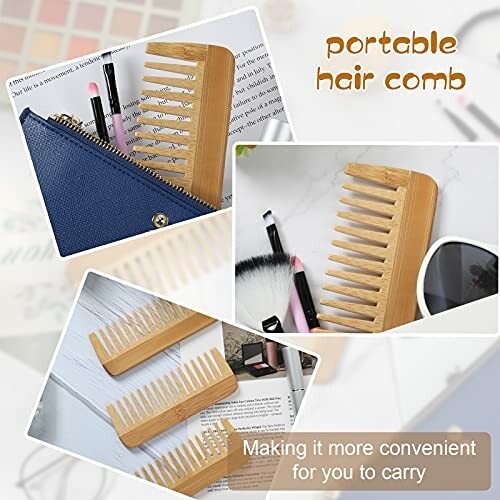 Collage of a portable wooden hair comb with various travel items.