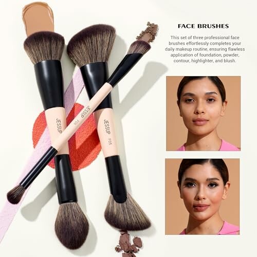 Set of three professional face brushes and two female models showcasing makeup results.