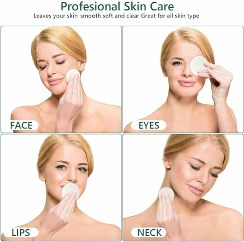 Woman demonstrating skincare routine for face, eyes, lips, and neck.