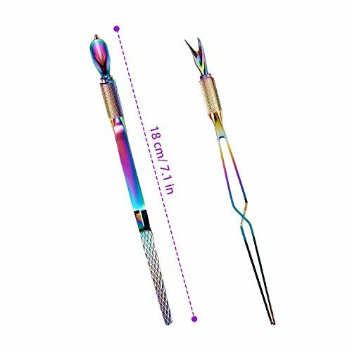 Two rainbow-colored metal ear picks with measurement.