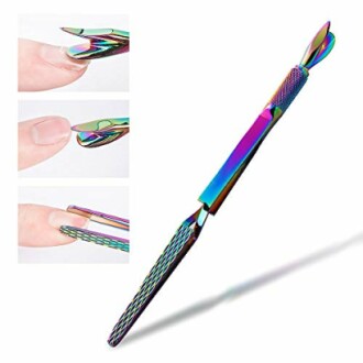 Rainbow-colored nail cuticle pusher with close-up views of its use.