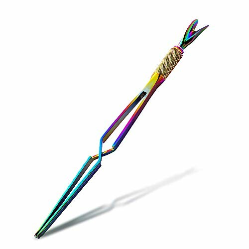 Colorful rainbow metallic tweezers with a textured grip.