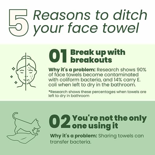 Infographic listing reasons to stop using a face towel due to bacteria and sharing risks.