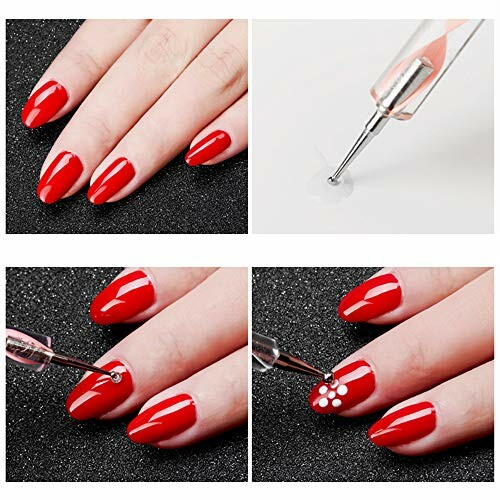 Step-by-step red nail art with dotting tool.