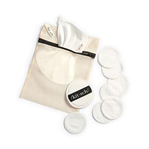 Set of reusable cotton pads with a mesh bag and a facial mask.