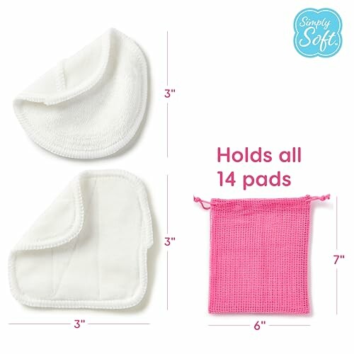 Reusable cotton pads with dimensions and pink storage bag.