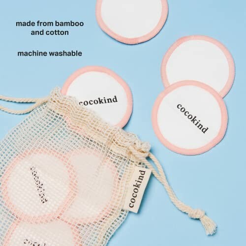 Reusable cotton pads with mesh bag, labeled 'cocokind'.