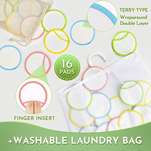 Reusable laundry pads with washable laundry bag, perfect for removing waterproof makeup and gentle on all skin types.