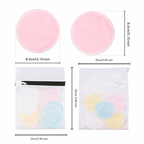 Reusable makeup remover pads with storage bag and size dimensions.