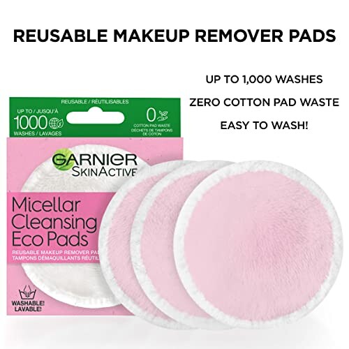 Reusable makeup remover pads with packaging and eco-friendly features.