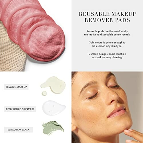 Reusable makeup remover pads with skincare steps and woman's face.