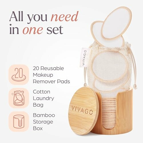 Reusable makeup remover pads set with bamboo storage and cotton bag.