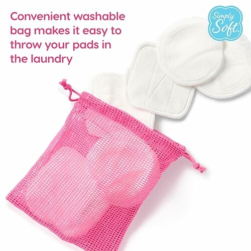 Reusable pads in a pink washable mesh bag with text highlighting convenience.