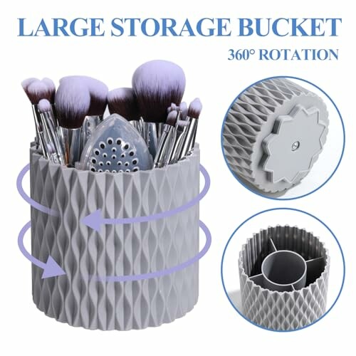 Large storage bucket with 360-degree rotation and makeup brushes inside.