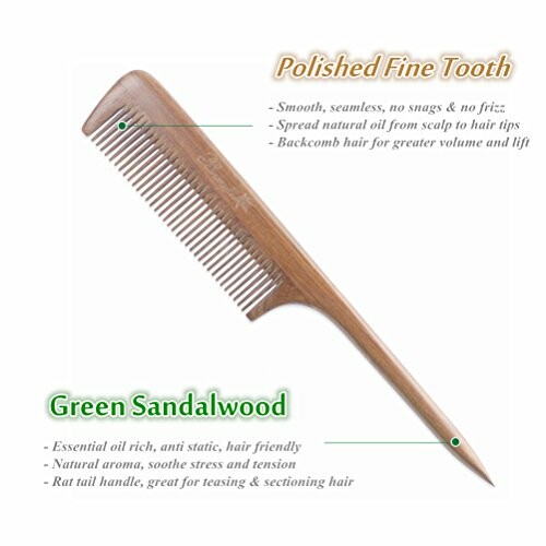 Green sandalwood comb with polished fine tooth and rat tail handle