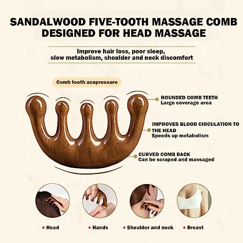 Sandalwood five-tooth massage comb for head massage, showing benefits and usage areas.