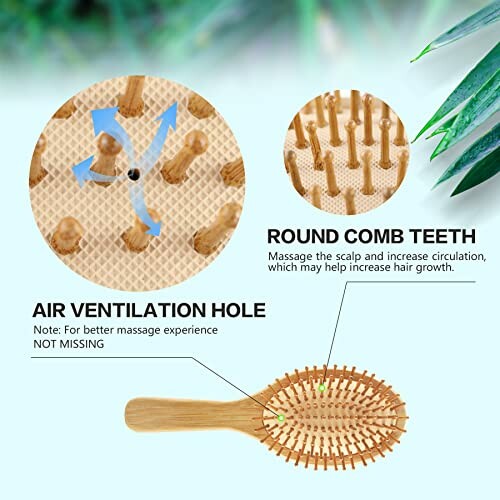 Wooden scalp massager comb with round comb teeth and air ventilation hole.