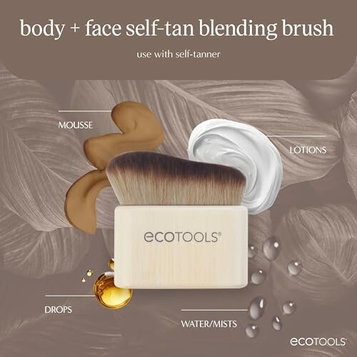 Ecotools body and face self-tan blending brush with mousse, lotions, drops, and water/mists.