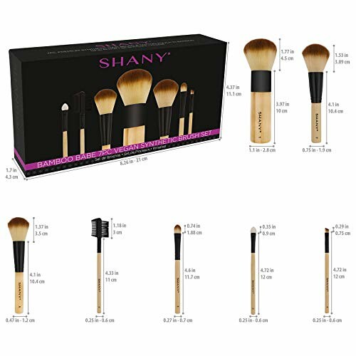 SHANY Bamboo Babe 7-piece vegan synthetic makeup brush set with black handles and labeled brushes.