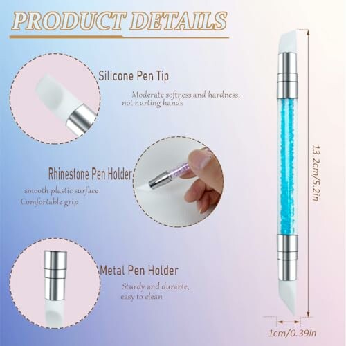 Product details of a pen with silicone tip, rhinestone holder, and metal ends.