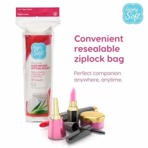 Simply Soft resealable ziplock bag with aloe-infused cotton rounds and lipsticks.