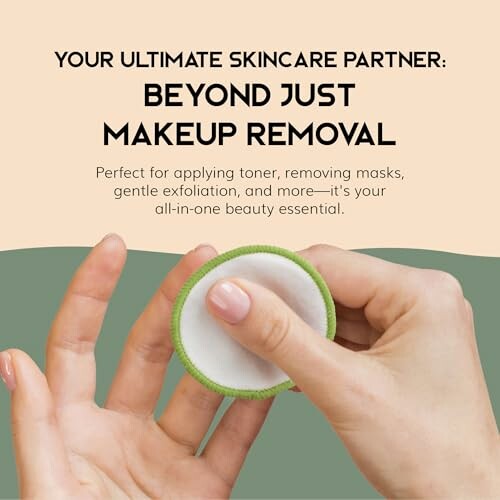 Hands holding a round skincare pad for makeup removal and more.