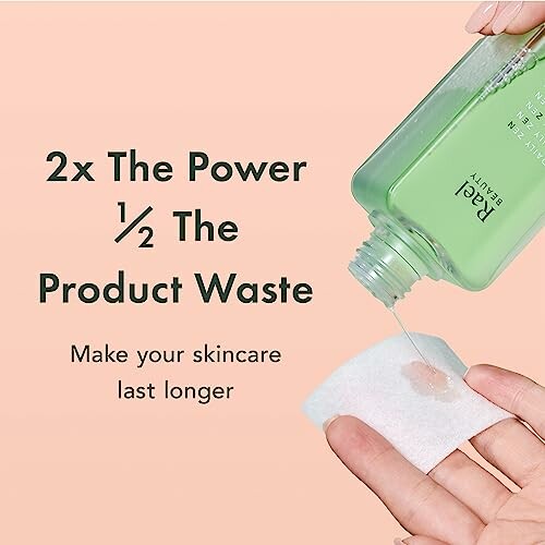 Skincare product being poured onto a cotton pad with text promoting efficiency.