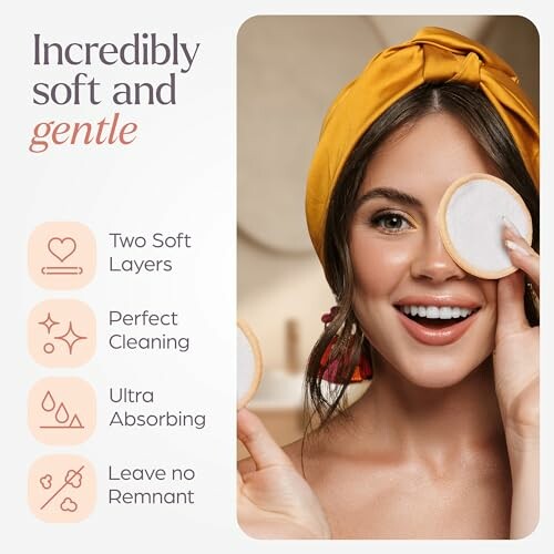 Woman using soft cleaning pad with features listed: two soft layers, perfect cleaning, ultra absorbing, leave no remnant.