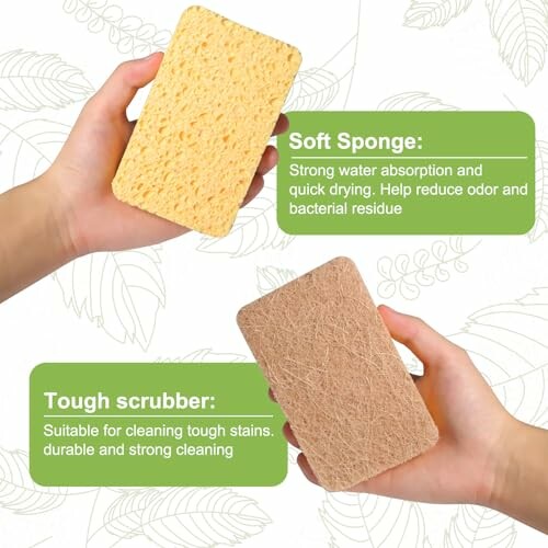 Hands holding a soft sponge and a tough scrubber with descriptions.