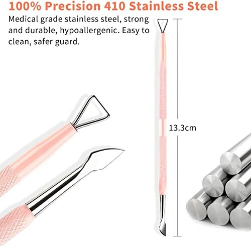 Stainless steel cuticle pusher with dimensions and description.