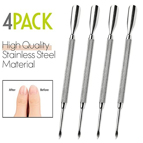 Four stainless steel cuticle pushers with textured handles.