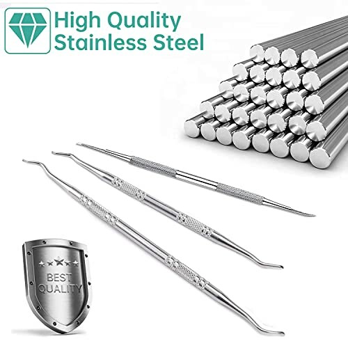 Stainless steel dental tools and rods with quality emblem.