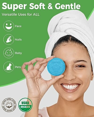 Woman with a towel on her head holding a blue product, highlighting its versatile uses for face, nails, baby, and pets with USDA organic certification.