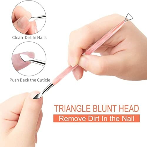 Triangle blunt head nail cleaner tool with instructions for removing dirt and pushing back cuticles.