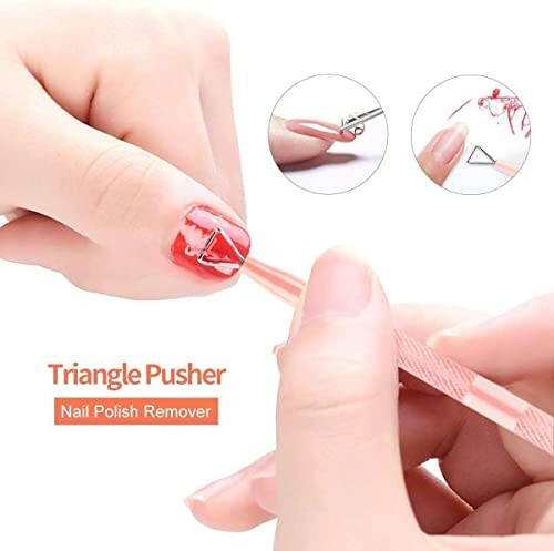 Triangle pusher used for nail polish removal on thumb