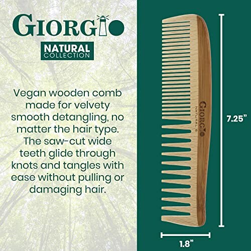 Vegan wooden comb for smooth detangling with wide teeth.