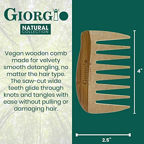 Vegan wooden comb for smooth detangling with wide teeth