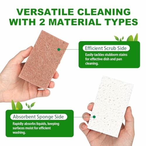 Hand holding a dual-material sponge with efficient scrub side and absorbent side.