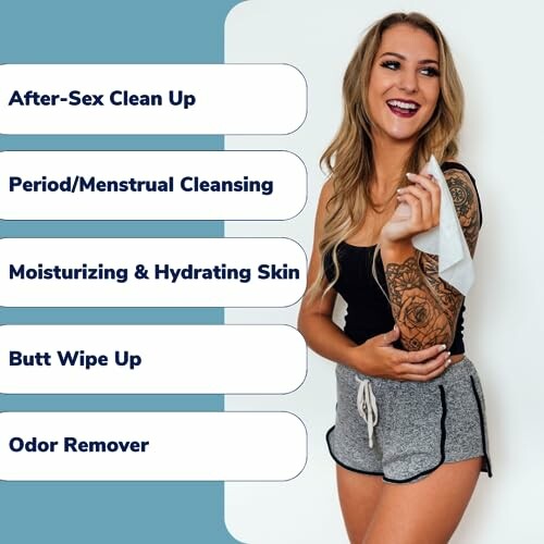 Woman holding a wipe with uses listed: after-sex clean up, period cleansing, moisturizing, butt wipe, odor remover.