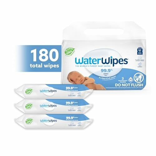 Pack of WaterWipes baby wipes with 180 total wipes and image of a baby.