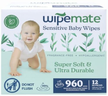 Wipemate Sensitive Baby Wipes packaging, plant-based, fragrance-free, hypoallergenic, 960 wipes, 12 packs.