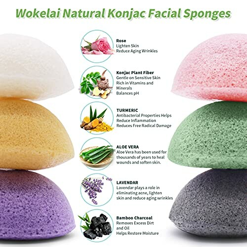 Wokelai natural konjac facial sponges with benefits and ingredients.