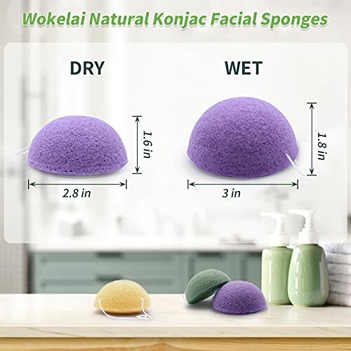 Wokelai natural konjac facial sponges, dry and wet comparison