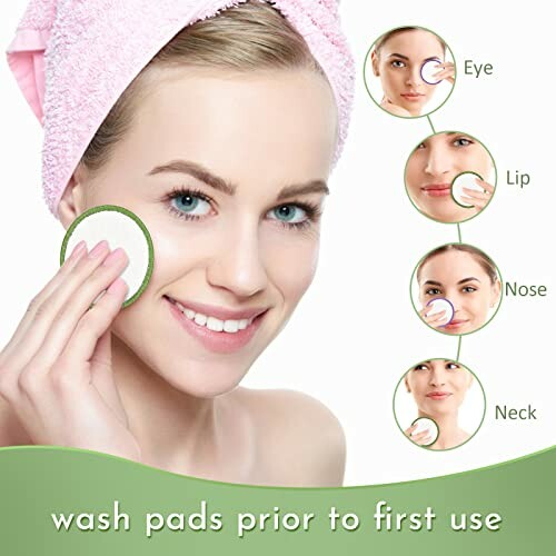 Woman using makeup pads on face with focus on eye, lip, nose, neck areas, perfect for removing waterproof makeup and gentle on all skin types.