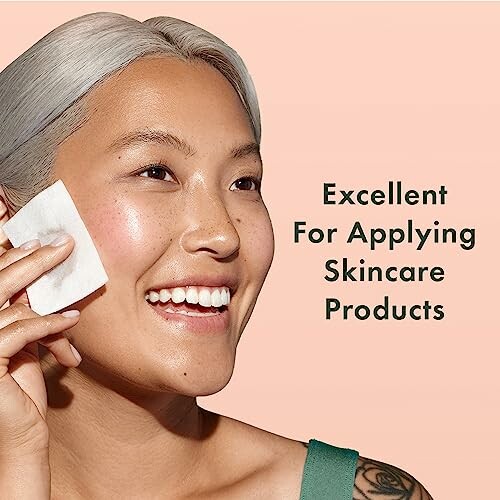 Smiling woman using a cotton pad on her face with text 'Excellent For Applying Skincare Products'.