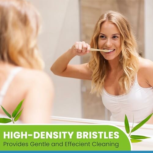 Woman brushing teeth with high-density bristles toothbrush.