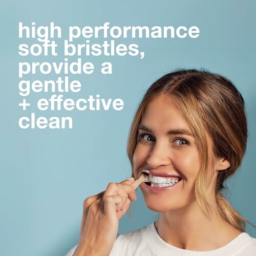 Woman brushing teeth with text about high performance soft bristles.